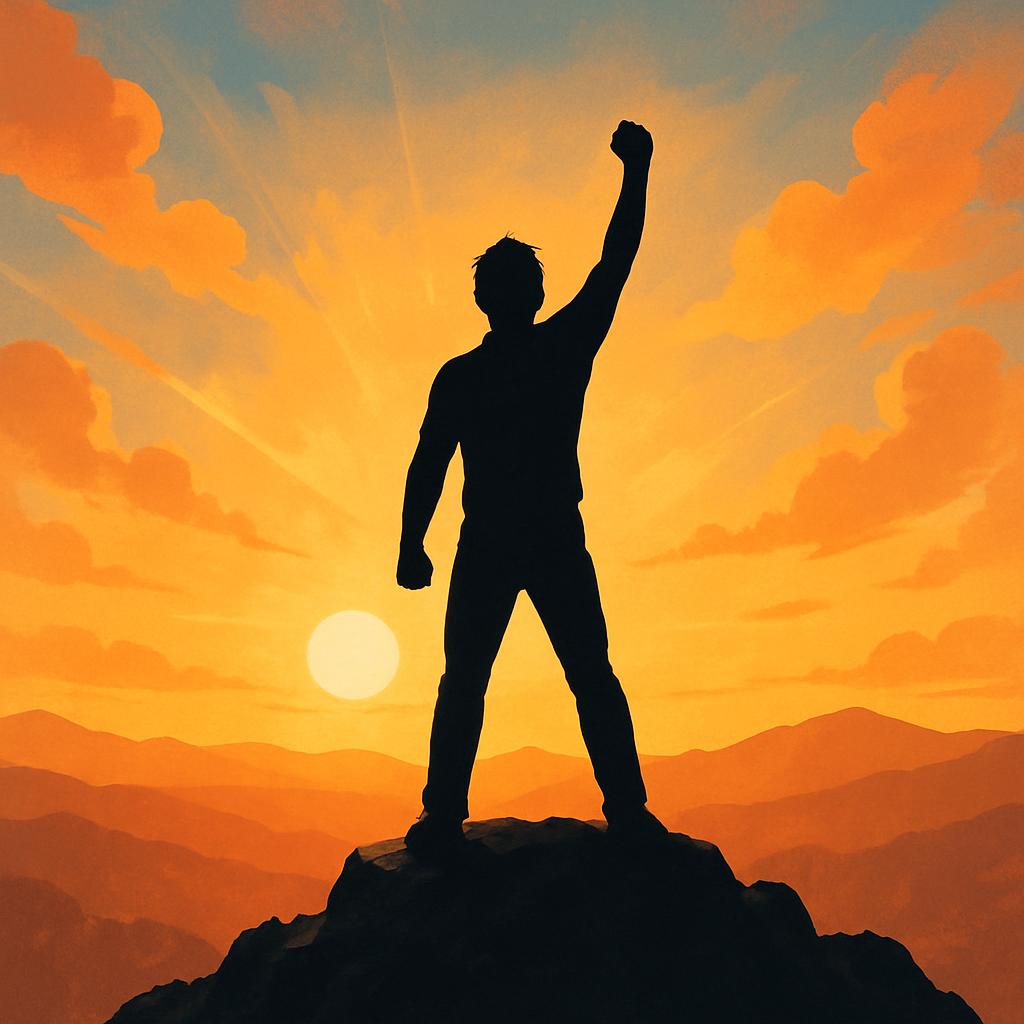 A man standing on a rocky outcrop, his left arm raised in a triumphant gesture as the sun sets behind him in a vibrant sky...