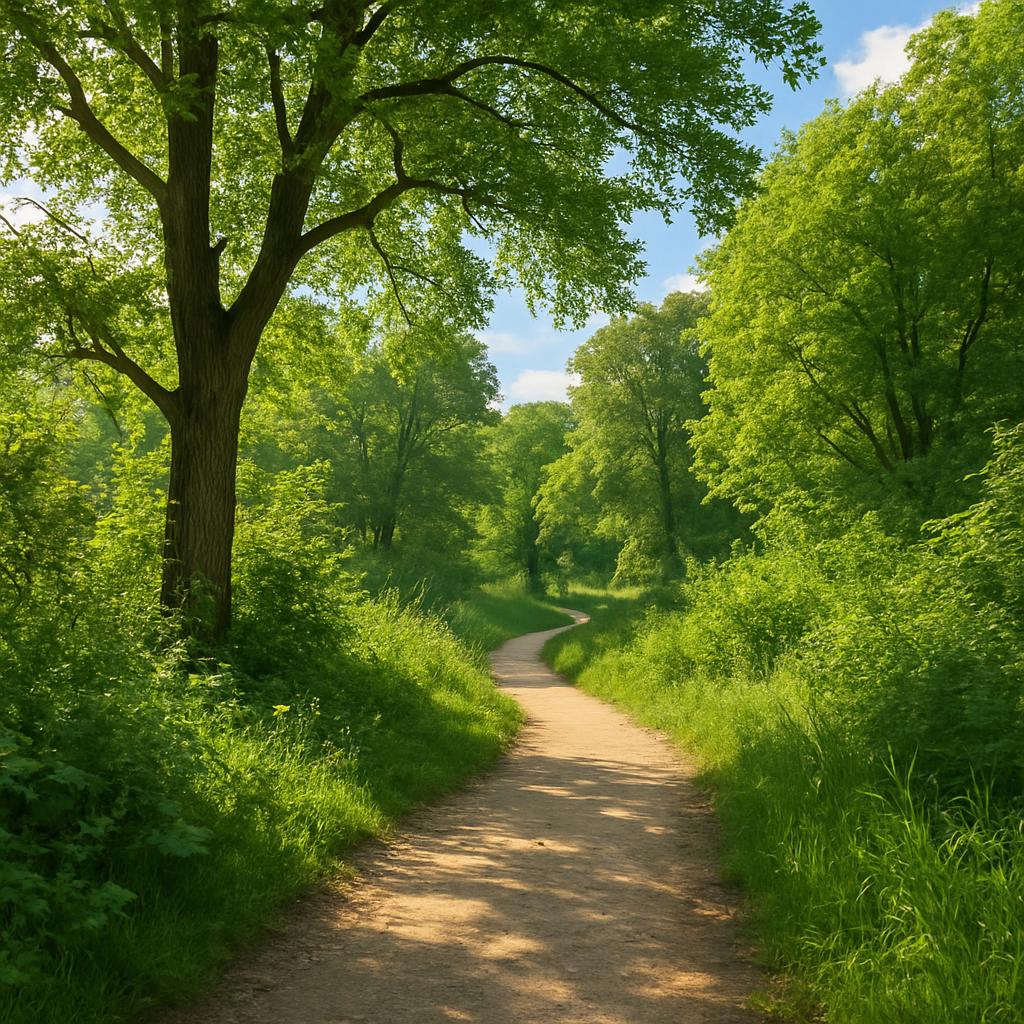 A winding dirt path in a forest with vibrant green trees lining either side.